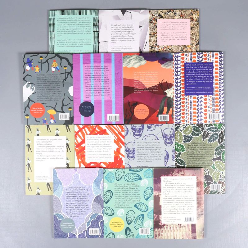 Baksidor av novellpocketar med text och ISBN-streckkoder