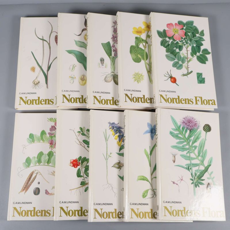 Alla tio Nordens Flora-böcker med framsidor och botaniska illustrationer