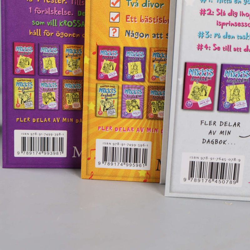 Närbild på tre olika ISBN-nummer på baksidor av Nikkis dagbok-böcker