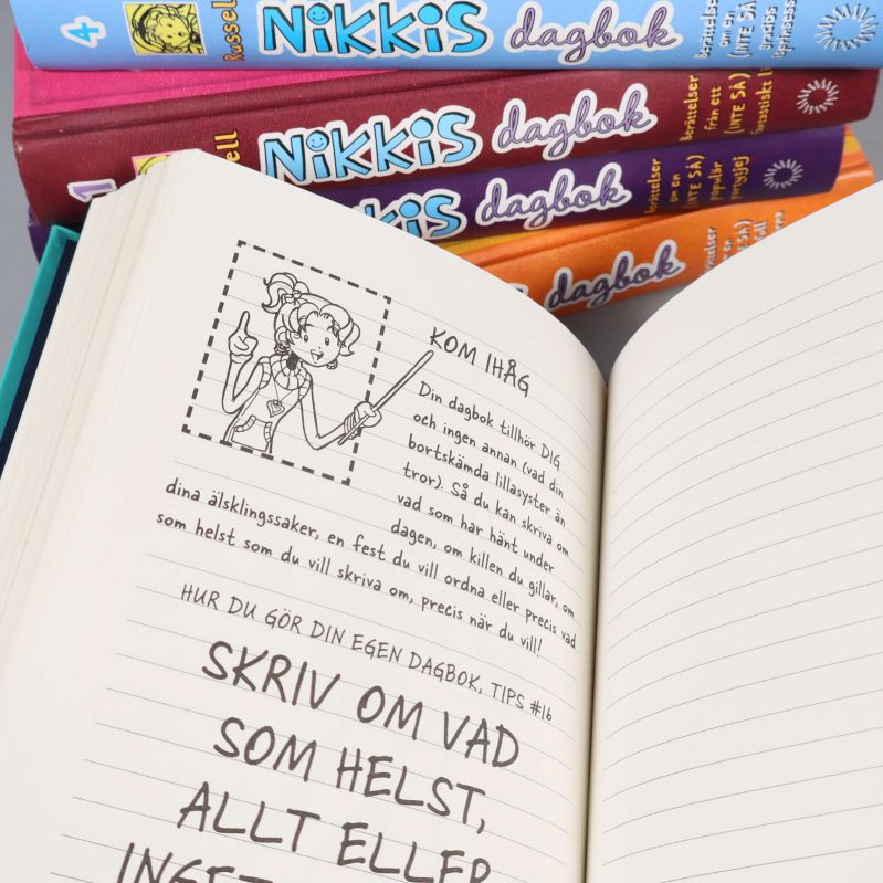 Uppslag ur Nikkis dagbok med illustration och dagboksstil på sidorna