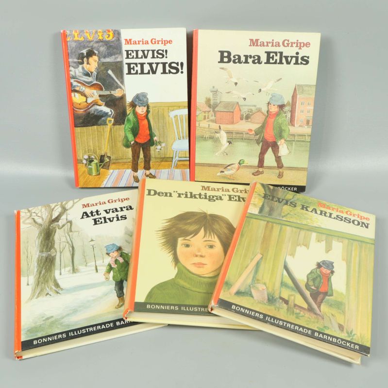 Fem inbundna böcker ur Elvis-serien av Maria Gripe, omslagen syns