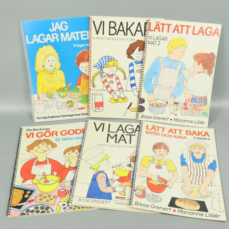 Framsidorna på sex illustrerade kokböcker ordnade i två rader