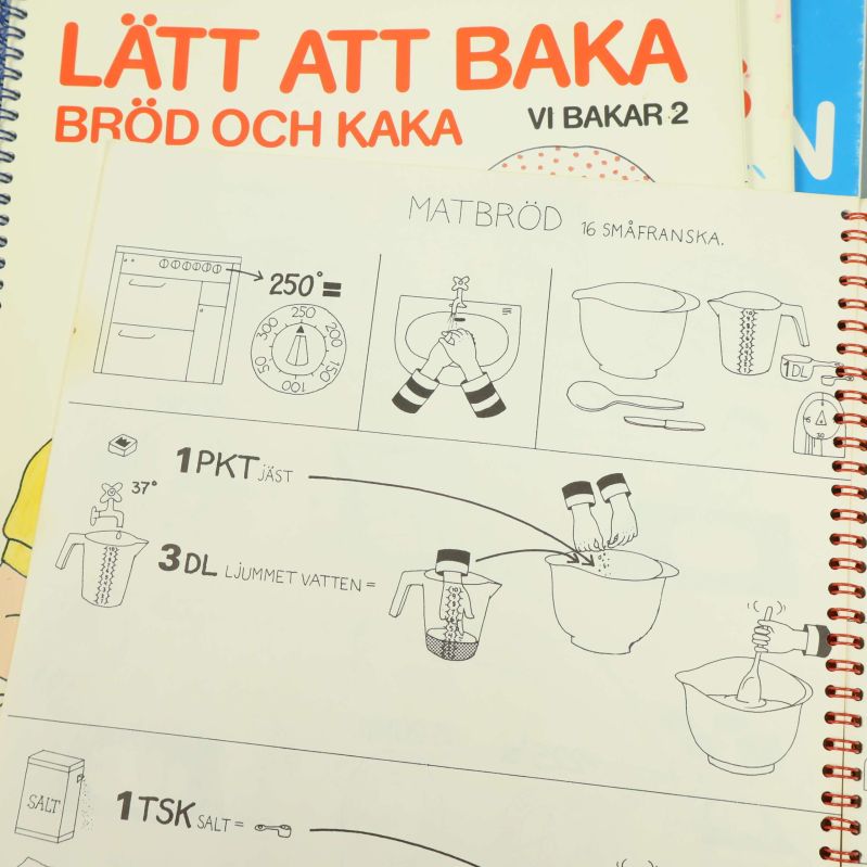 Illustrerat uppslag för brödbak med tydliga steg och instruktioner