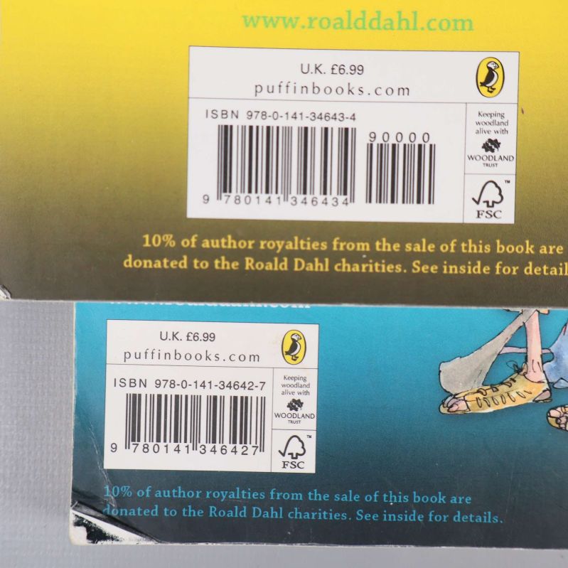 Närbild på två ISBN-etiketter från Roald Dahl-böcker