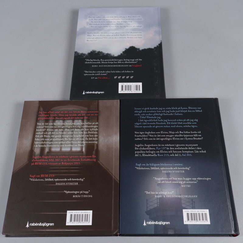 Baksidor av Rum 213, Sal 305 och Fyr 137 av Ingelin Angerborn med text och citat
