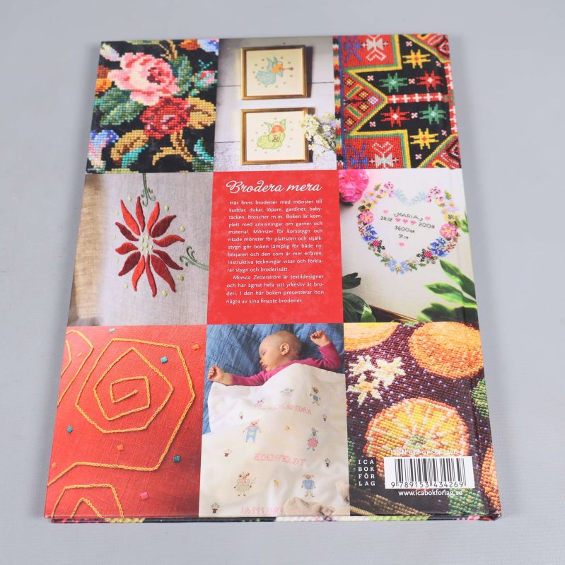 Baksidan av boken Brodera mera med flera broderimönster och kort beskrivning