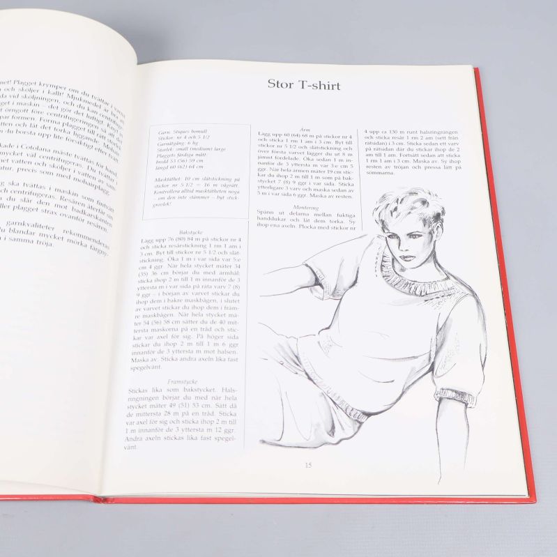 Uppslag med illustration och mönsterbeskrivning för stor t-shirt