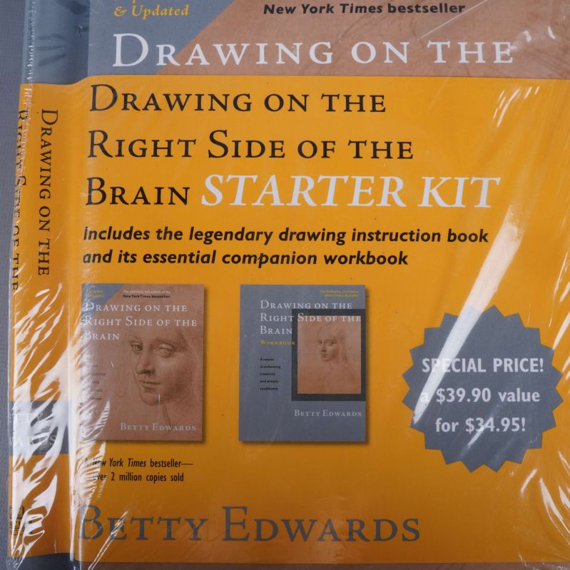 Närbild på omslaget och bilder av medföljande böcker i Drawing on the Right Side of the Brain Starter Kit