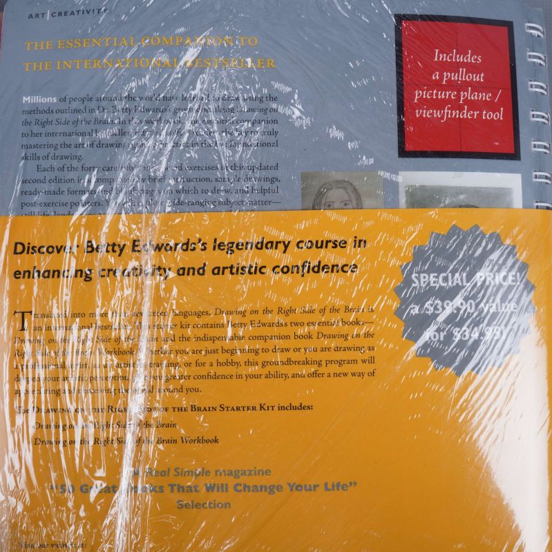 Text och detaljbild på baksidan av Drawing on the Right Side of the Brain Starter Kit
