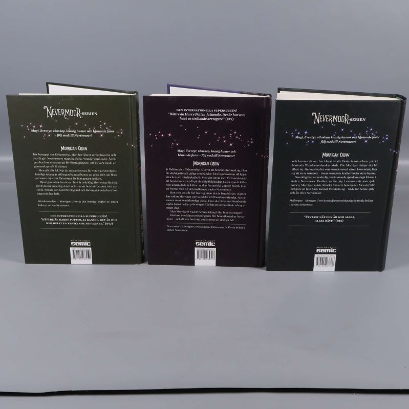 Baksidorna av tre Nevermoor-böcker på rad