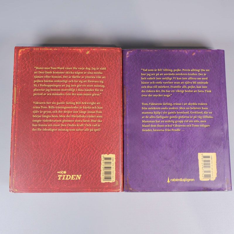 Baksidor på Väktarens misstag och Väktarens offer med baksidestexter och förlagsloggor