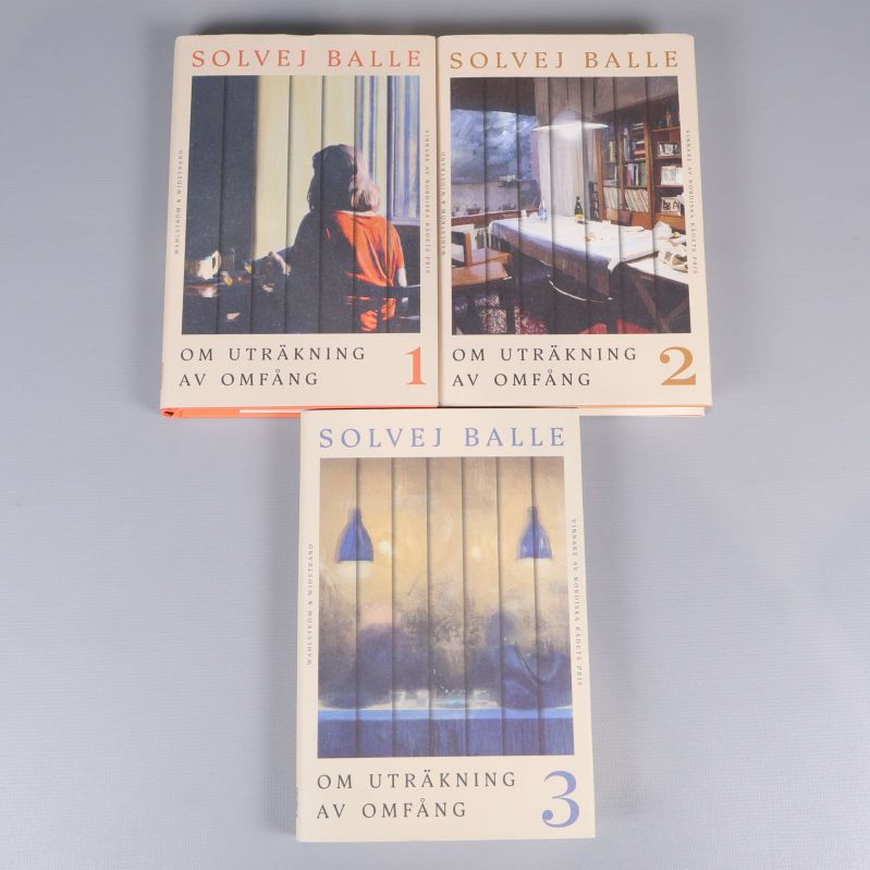 Tre böcker av Solvej Balle, Om uträkning av omfång, del 1 till 3 med omslag i lugna färger