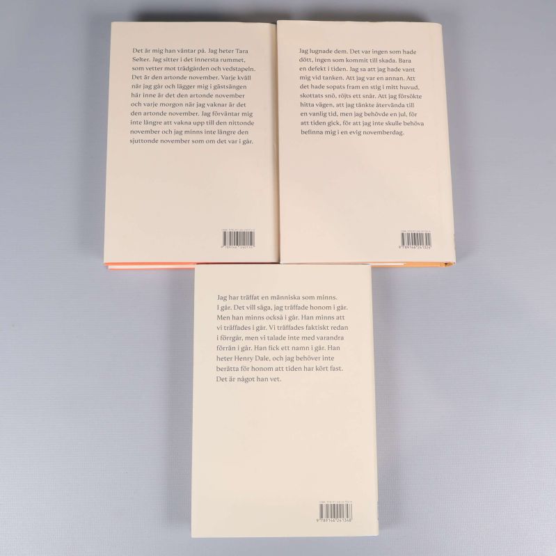 Baksidorna på tre böcker, varje bok med kort text och streckkod