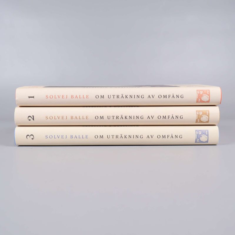 Ryggarna på tre böcker med titeln Om uträkning av omfång och numrering