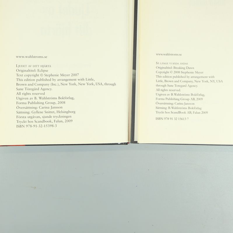 Närbild copyright- och ISBN-info för två svenska Twilight-böcker