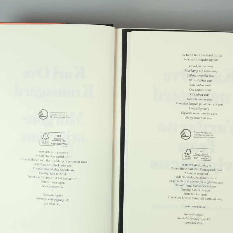 Copyright- och ISBN-sidor i flera av Knausgårds romaner
