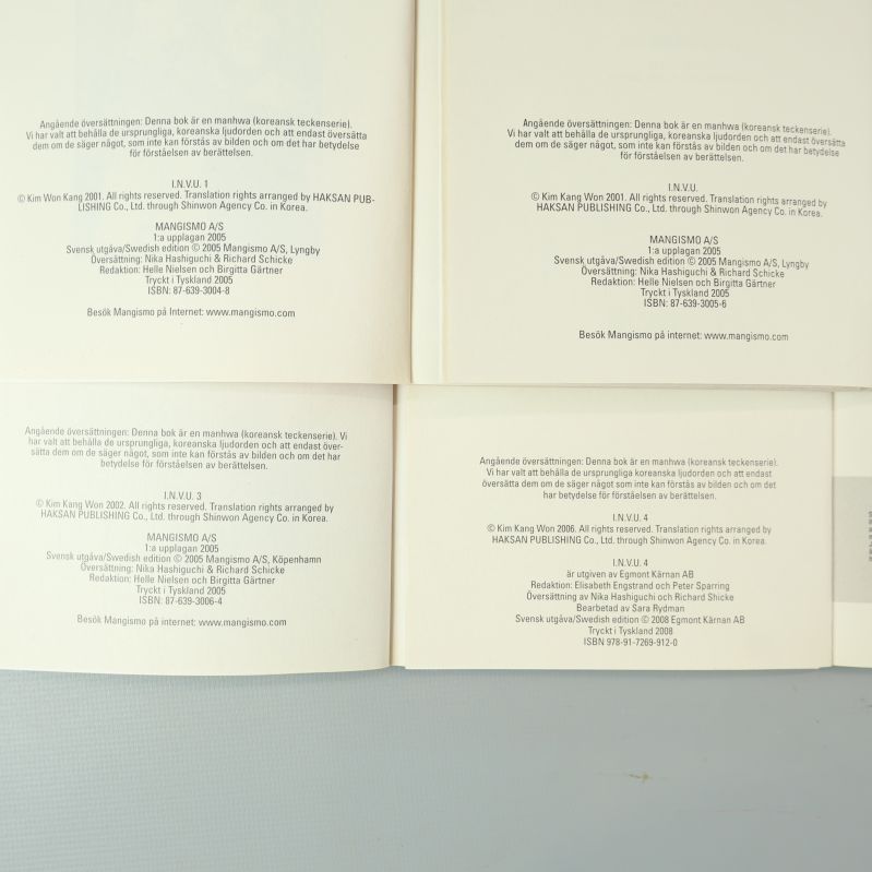 Copyright- och ISBN-information på insidan av I.N.V.U.-volymer
