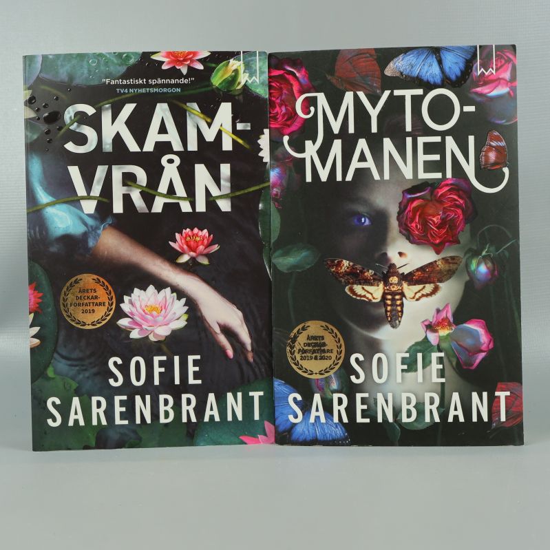 Framsidor av Skamvrån och Mytomanen av Sofie Sarenbrant med färgstarka illustrationer och tydliga titlar