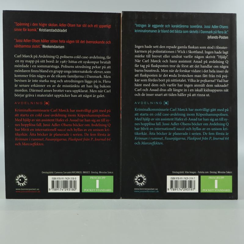 Baksidor på Fasanjägarna och Flaskpost från P, med sammanfattning och ISBN