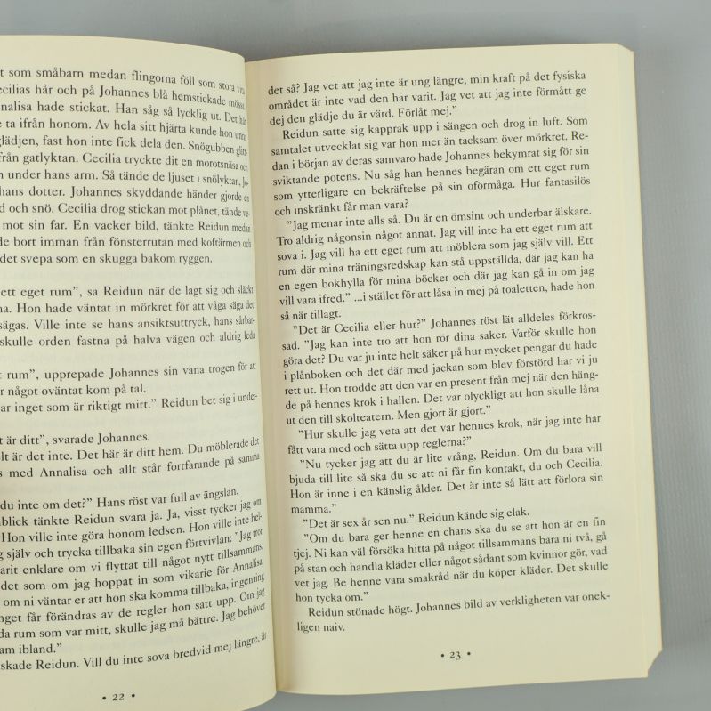 Uppslag från boken Drömmar ur snö med svensk text på sidorna 22 och 23