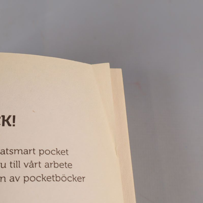 Närbild på bokens inlaga med små veck på sista sidan