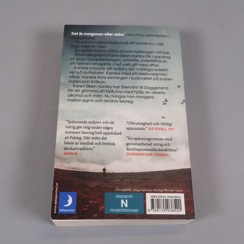 Baksidan av boken Felsteg med sammanfattning, citat och ISBN-nummer