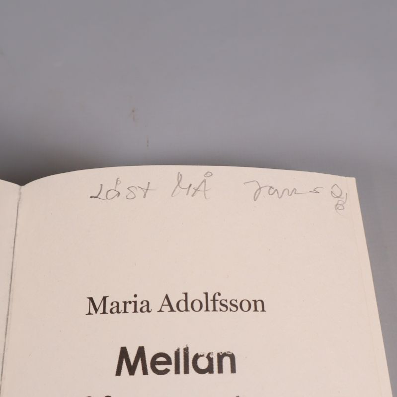 Närbild på handskriven kommentar på försättsbladet i boken