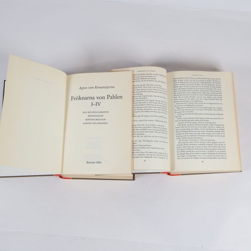 Öppen bok Fröknarna von Pahlen I–IV med titelsida och inlaga