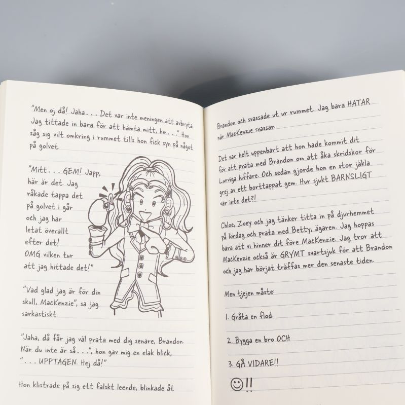 Uppslag med svartvit illustration på en tjej och handskriven text från boken