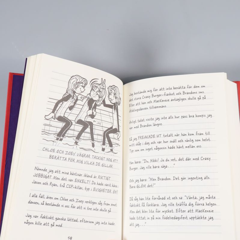 Uppslag ur Nikkis dagbok #6 med illustrationer och text