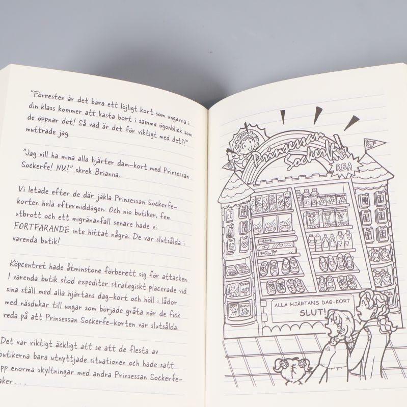 Uppslag ur boken med illustration av butik och handskriven text