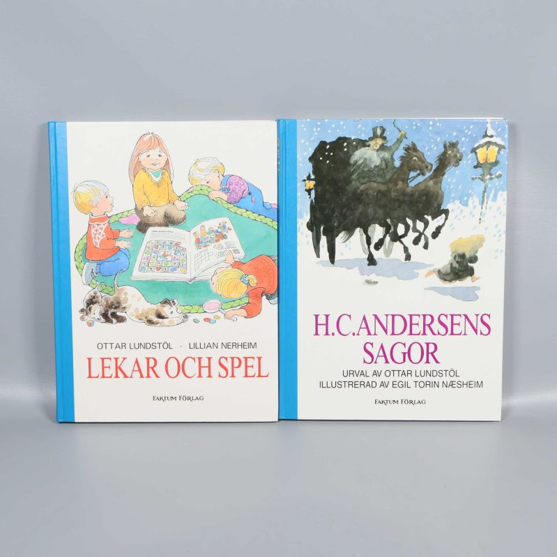 Två illustrerade barnböcker med färgstarka omslag sida vid sida