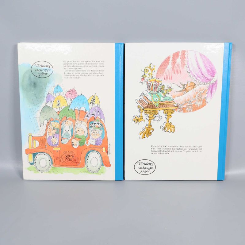 Baksidor av två barnböcker med illustrationer och text