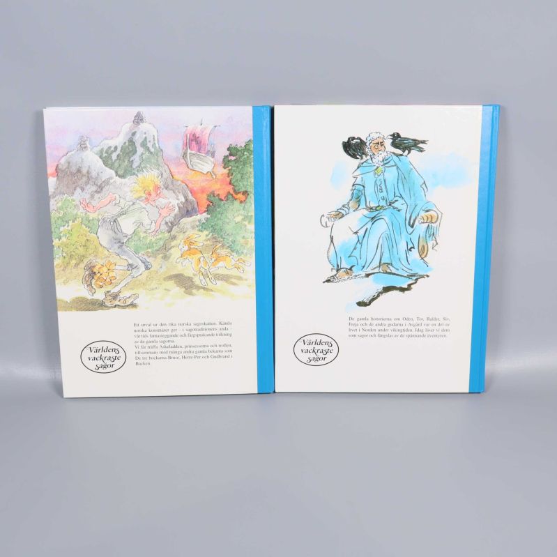 Baksidor av sagoböcker, med tecknade motiv och beskrivande text