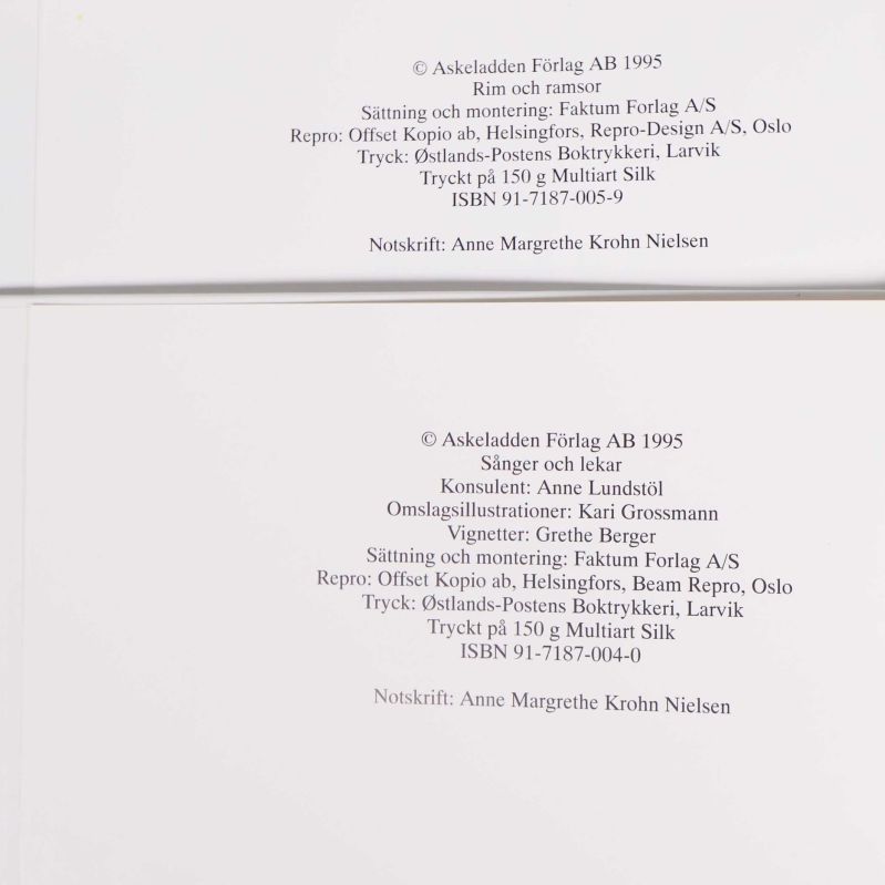 Copyrightsida med tryckår samt två ISBN-nummer från båda böckerna