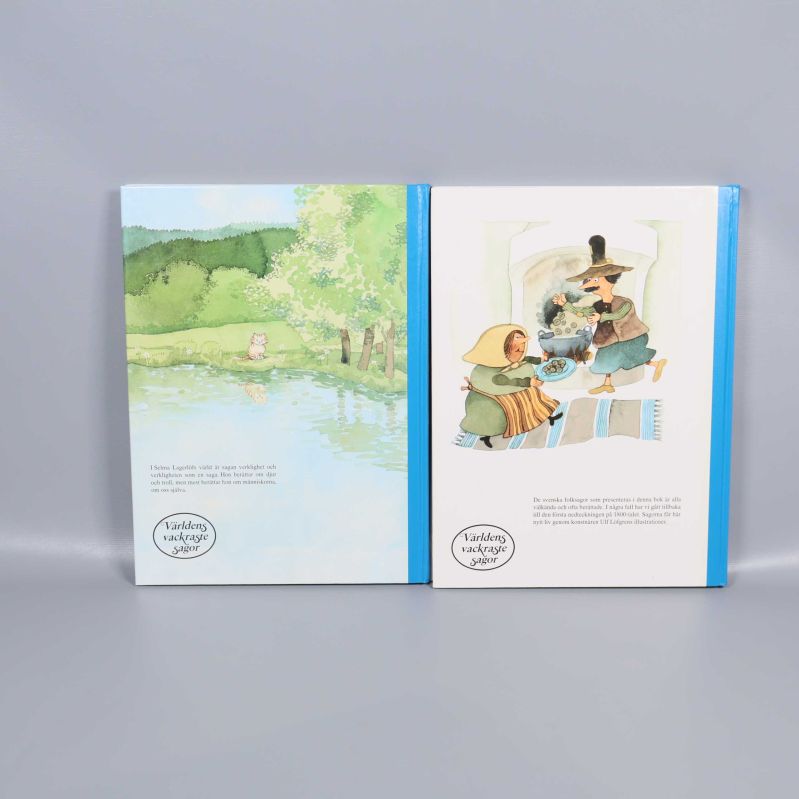 Baksidan av böckerna Selma Lagerlöf berättar och Guldäpple med silverblad med illustrationer