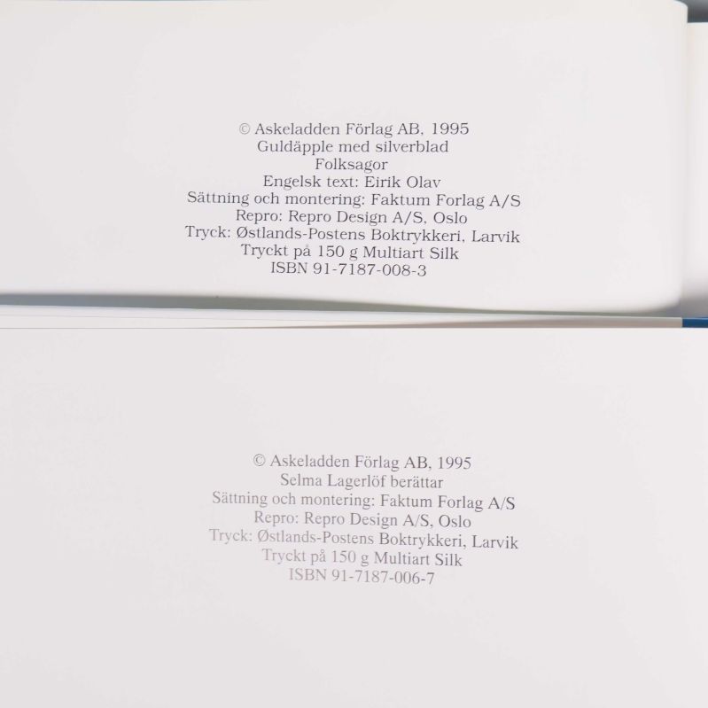 Närbild av bokens copyright med ISBN till Guldäpple med silverblad och Selma Lagerlöf berättar