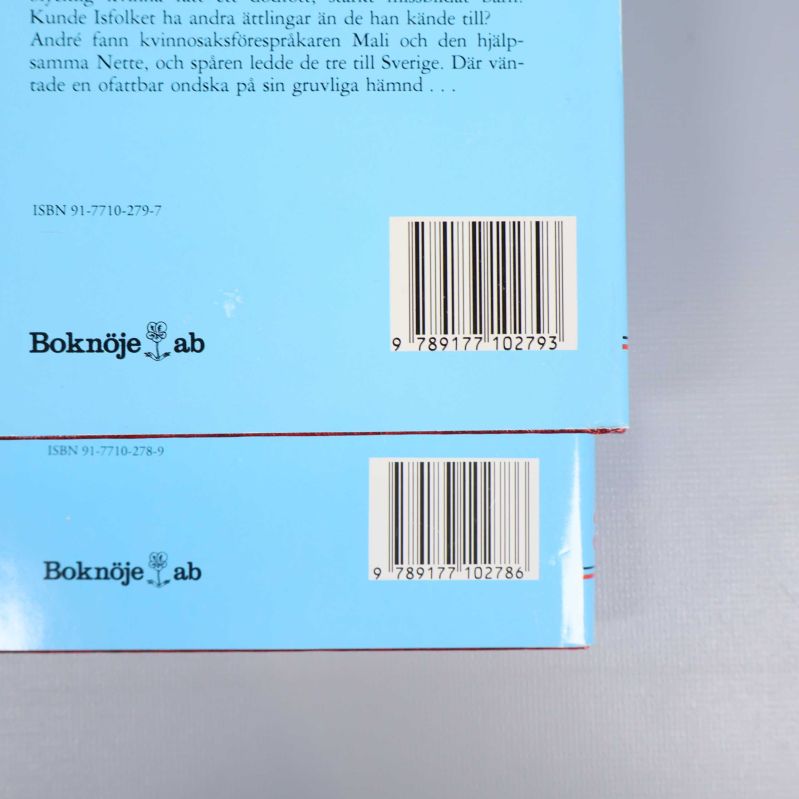 Närbild på böckernas baksidor med synliga ISBN-nummer och streckkoder