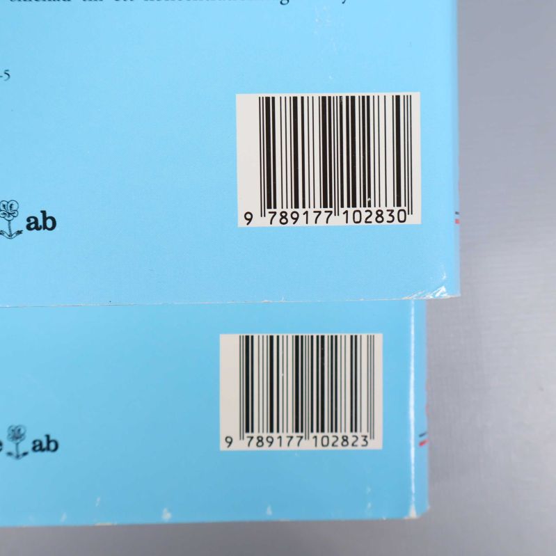 Närbild på bokens baksida med streckkoder och ISBN-nummer synliga