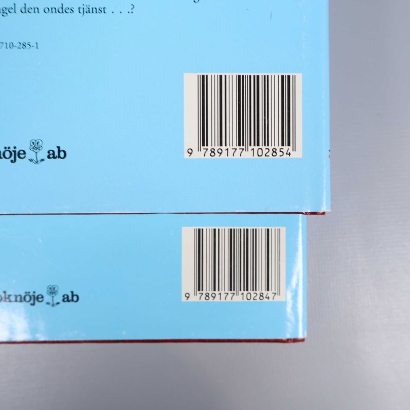 Närbild på streckkoder och ISBN på båda bokbaksidorna