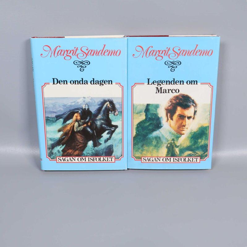 Två böcker med blåa omslag ur Sagan om Isfolket-serien, titlar Den onda dagen och Legenden om Marco