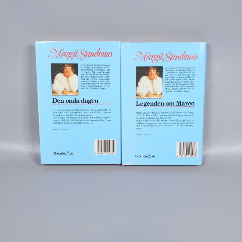 Baksidor av böckerna Den onda dagen och Legenden om Marco med sammanfattningar och ISBN-koder