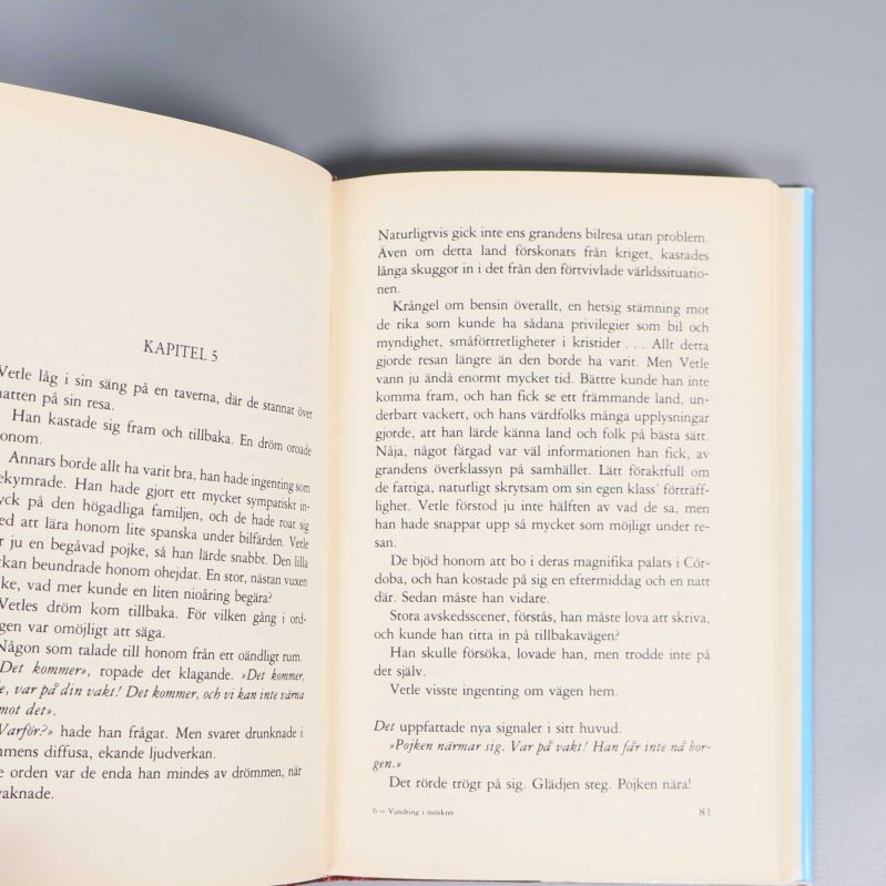 Uppslag ur en av böckerna, kapitel fem med text på svenska