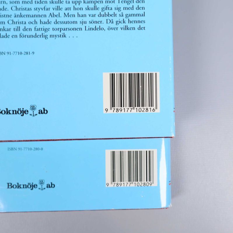 Fokus på baksidan med två olika ISBN och förlag Boknöje AB
