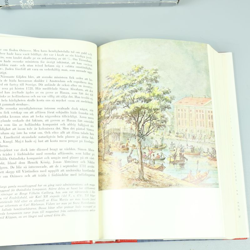 Uppslag från en av böckerna med en färgillustration och text