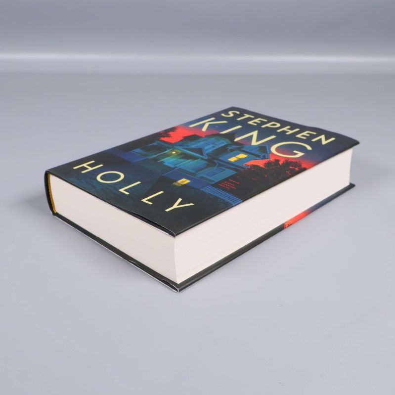 Holly av Stephen King liggande, visar bokens pärm och sidor