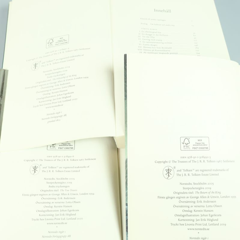 Uppslag med copyright- och ISBN-information för Ringarnas Herre-böckerna