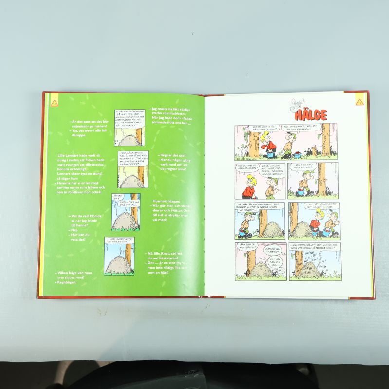 Uppslag ur Hälge Tar Time Out med färgglada seriepaneler