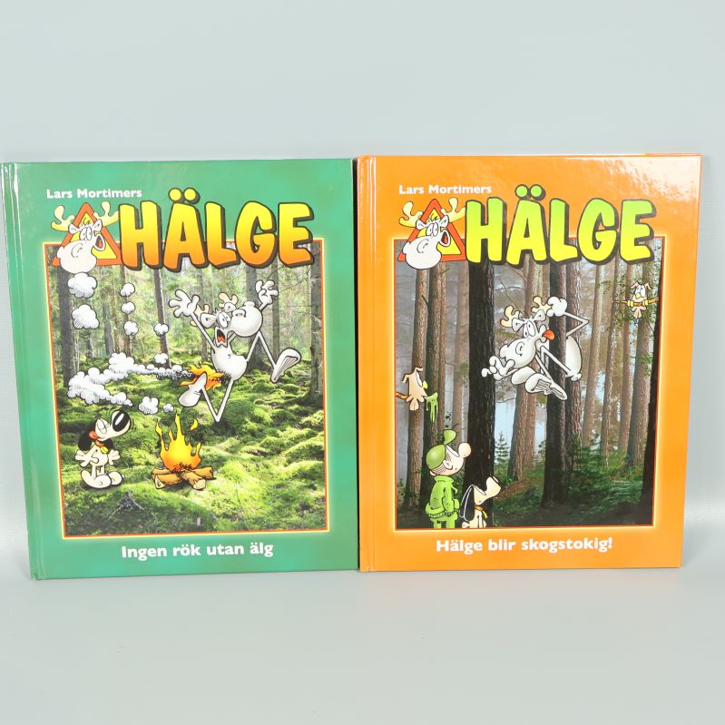 Två Hälge-böcker, en grön och en orange, med färgstarka omslag