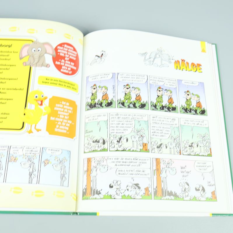 Uppslag med färgglad Hälge-serie och illustrationer